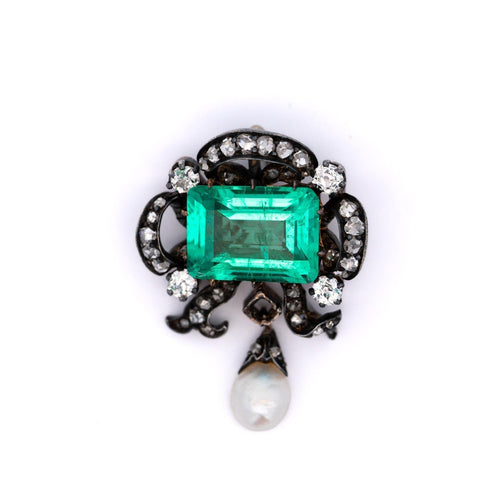 Antique Victorian Colombian Emerald, Pearl, & Old Mine Diamond Pendant Circa 1880