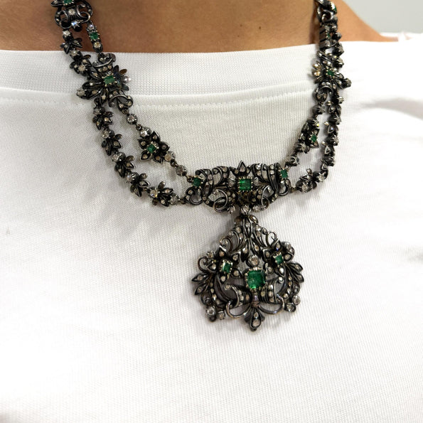 Antique Victorian Emerald Rose Cut Diamond Silver/Gold Parure Suite Necklace
