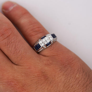 Art Deco 2 Carat Princess & Round Diamond Channel Sapphire Platinum Ring – Assay Jewelers