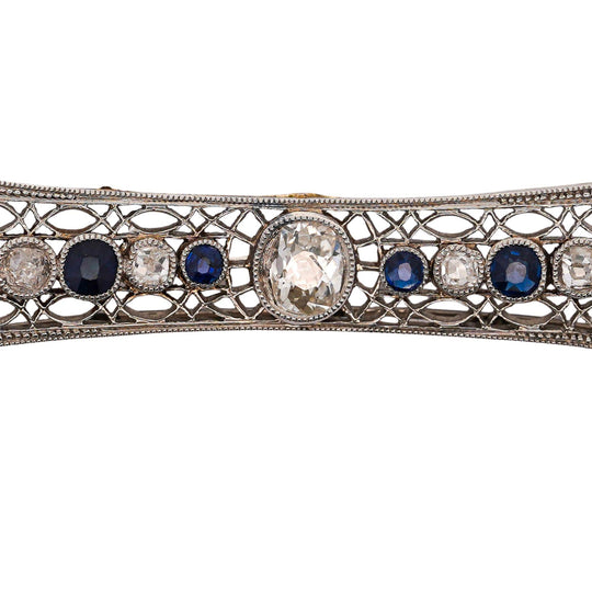 Art Deco 4 Carat Old European Cut Diamond & Sapphire 18K White Gold Pin Brooch