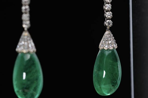 Art Deco Era 21 Carat Cabochon Pear Shape Emerald Drop Earrings | Circa 1940