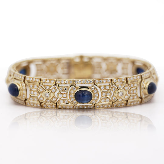 Art Deco Style 12 Carat Cabochon Sapphire & Diamond 18K Gold Bracelet