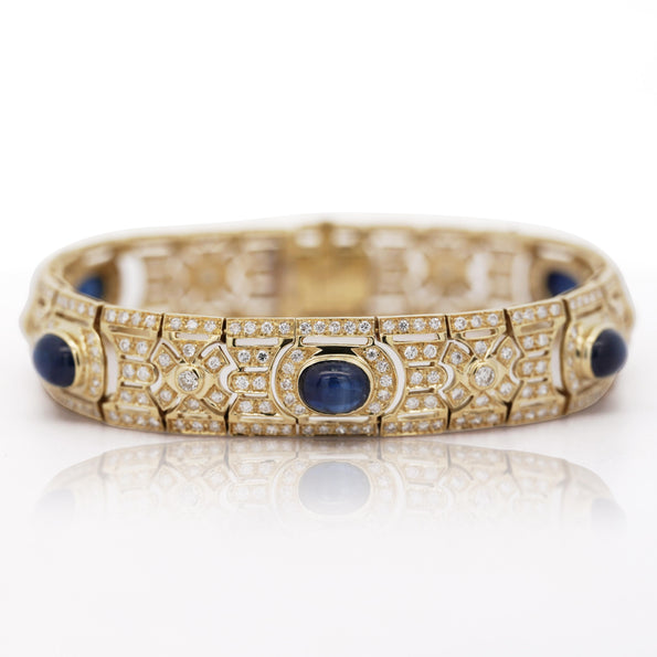 Art Deco Style 12 Carat Cabochon Sapphire & Diamond 18K Gold Bracelet