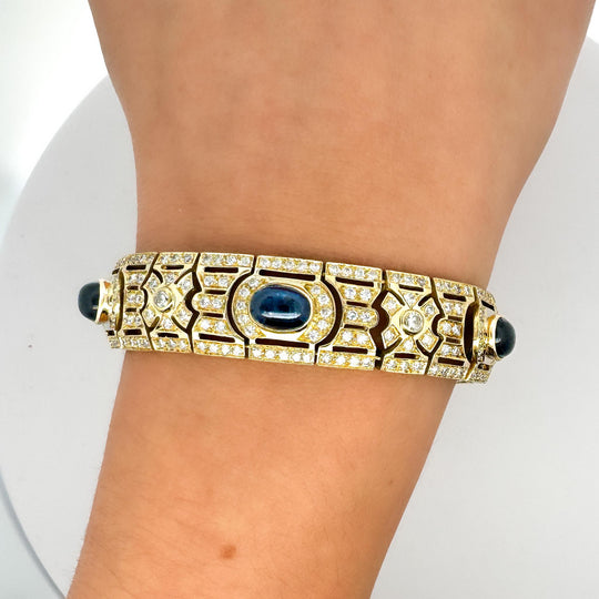 Art Deco Style 12 Carat Cabochon Sapphire & Diamond 18K Gold Bracelet