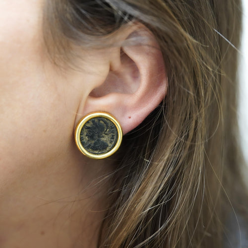 Authentic Roman Coin 14K Gold Bezel Set Stud Earrings With Lever Backs