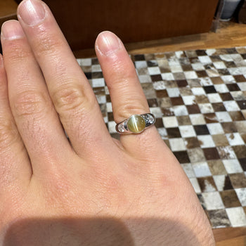 Bezel Set Chrysoberyl Cat's Eye and Diamond Three Stone Ring in 18K White Gold – Assay Jewelers