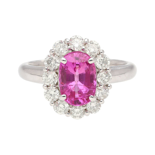 CGTL Certified 3.96 Carat Oval Cut Pink Sapphire and Diamond Halo Ring in 18k White Gold