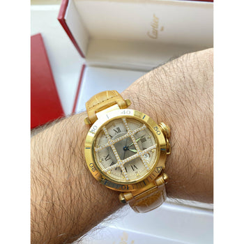 Cartier 36mm Pasha Men's Watch with Diamond Cage and Brown Leather Strap – Assay Jewelers