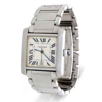 Cartier Tank Francaise 2302 Large Steel Guilloche Roman Dial Blue Hands Watch – Assay Jewelers