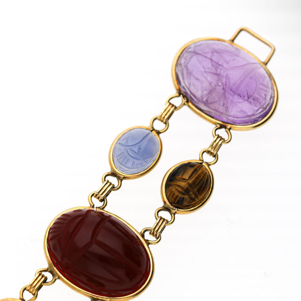 Carved Scarab Beetle 14K Gold Multicolor Hardstone Egyptian Revival Bracelet