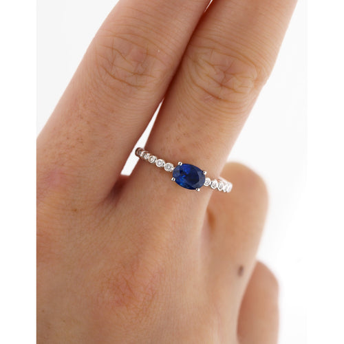 East West Oval Blue Sapphire and Diamond 18K White Gold Textured Ring