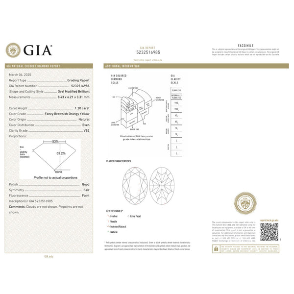 GIA 1.20 Carat Fancy Brownish Orangy Yellow Oval Cut VS2 Natural Loose Diamond