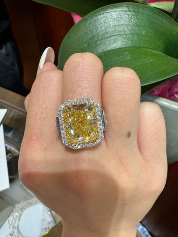 GIA Cert. 10.20 Carat Radiant Fancy Intense Yellow & Half Moon Cut Diamond Ring – Assay Jewelers