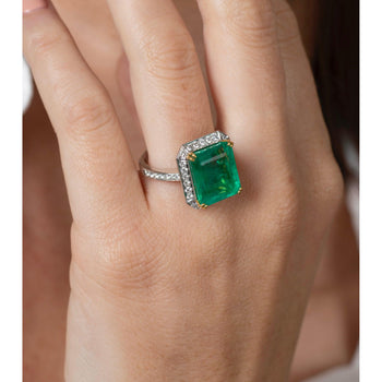 GIA Cert. 8 carat Russian Emerald in 18K White Gold Diamond Halo Ring – Assay Jewelers