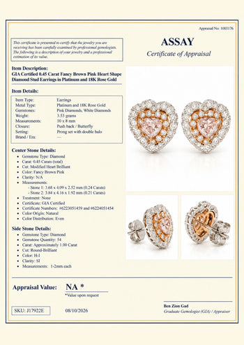 GIA Certified 0.45 Carat Heart Pink Diamond Platinum 18K Rose Gold Stud Earrings – Assay Jewelers
