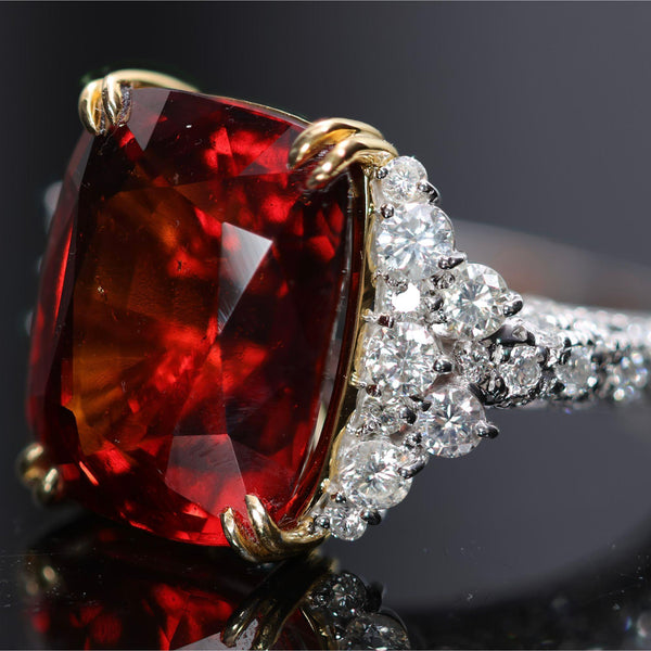 GIA Certified 13.75 Carat Hessonite Garnet & Diamond Platinum Cocktail Ring