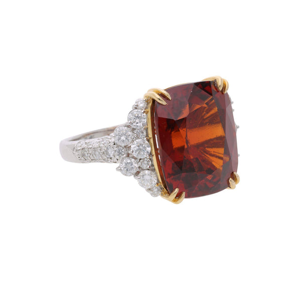 GIA Certified 13.75 Carat Hessonite Garnet & Diamond Platinum Cocktail Ring