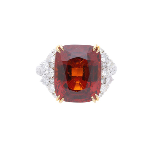 GIA Certified 13.75 Carat Hessonite Garnet & Diamond Platinum Cocktail Ring