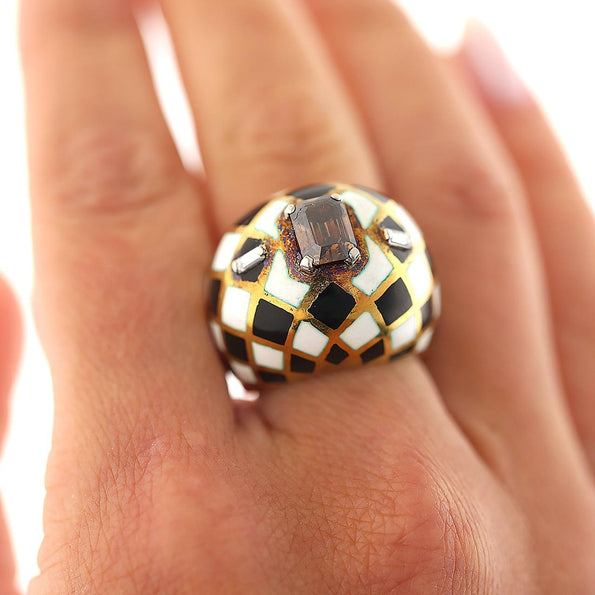 GIA Certified 1.38 Carat Fancy Orangy Brown Diamond Enamel 18K Gold Dome Ring