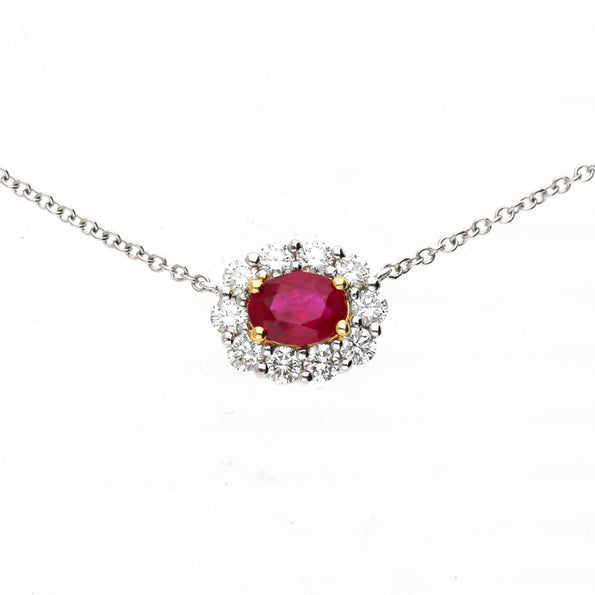 GIA Certified 1.47 Carat Ruby & Diamond Halo Floating Pendant Necklace