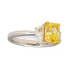 GIA Certified 2 Carat Fancy Vivid Yellow Radiant Cut Diamond 3-Stone Ring With Half Moon Diamond Side Stones