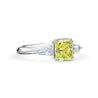 GIA Certified 2.22 Carat Fancy Yellow-Green Radiant Cut Diamond 3 Stone Ring in 18K White Gold