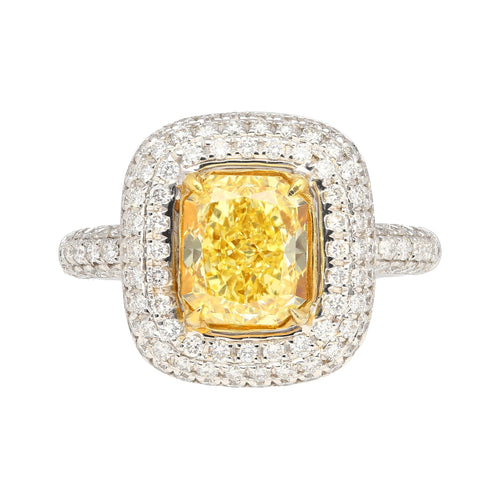 GIA Certified 2.35 Fancy Yellow Diamond Ring With 1.0 CTW Diamond Cluster in 18K White Gold