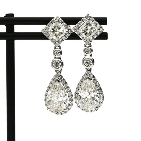 GIA Certified 3.93 Carat Pear Cut &Diamond Halo Drop Earrings in 18K White Gold