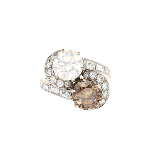 GIA Certified 4.75 Carat TW Fancy Brown and White Diamond Toi Et Moi Bypass Ring in Platinum