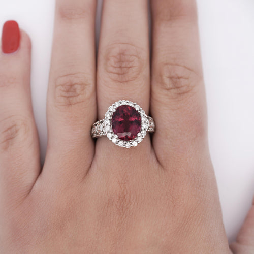 GIA Certified 5.52 Carat Rubellite and Diamond Halo in Filigree Setting Ring