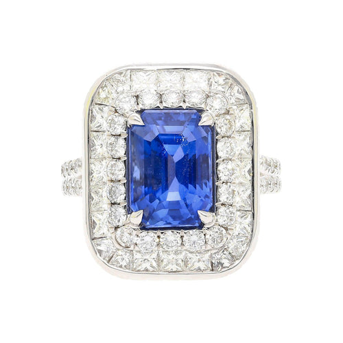 GIA Certified 6 Carat Emerald Cut No Heat Burma Blue Sapphire & Diamond Ring