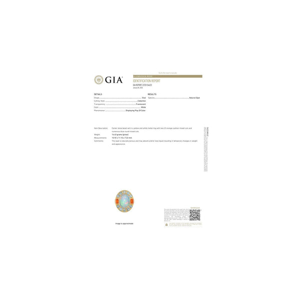 GIA Certified 8 Carat White Opal With Orange Garnet & Aquamarine Halo Ring