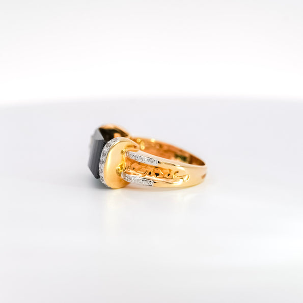GIA Certified Blue-Green Rectangle Cut Tourmaline & Diamond Ring in 18K Carved Gold