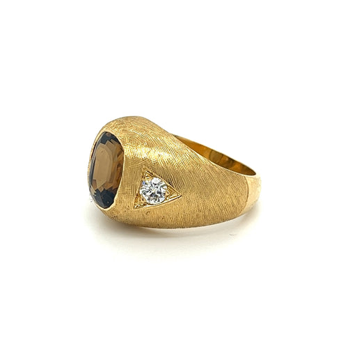 GIA Certified Cushion Cut Brown Chrysoberyl Mens Ring With Matte Textured Gold Finish and Diamond Side Stones