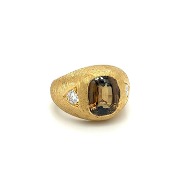 GIA Certified Cushion Cut Brown Chrysoberyl Mens Ring With Matte Textured Gold Finish and Diamond Side Stones – Assay Jewelers