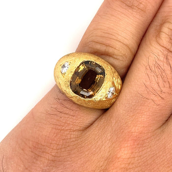GIA Certified Cushion Cut Brown Chrysoberyl Mens Ring With Matte Textured Gold Finish and Diamond Side Stones – Assay Jewelers