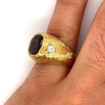 GIA Certified Cushion Cut Brown Chrysoberyl Mens Ring With Matte Textured Gold Finish and Diamond Side Stones – Assay Jewelers