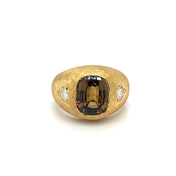 GIA Certified Cushion Cut Brown Chrysoberyl Mens Ring With Matte Textured Gold Finish and Diamond Side Stones – Assay Jewelers