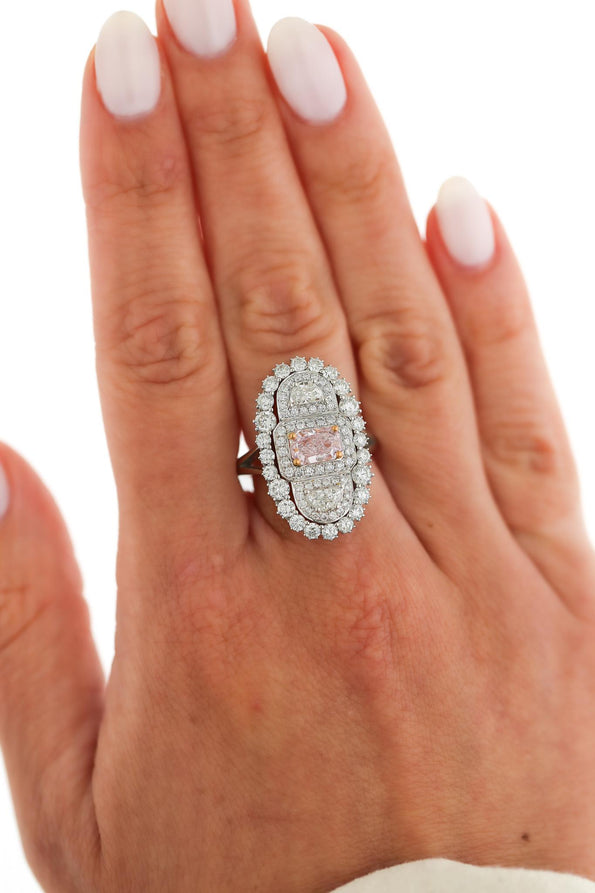 GIA Certified Fancy Light Pink Diamond Elongated Halo Cluster Ring