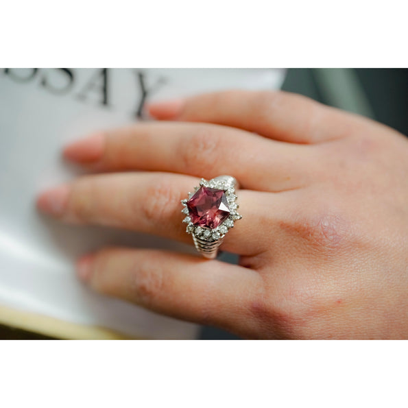 GIA Certified Hexagon Cut Pink Tourmaline with Diamond Halo Star Shape Ring in 18K White Gold