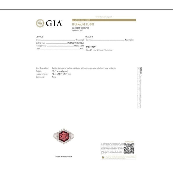GIA Certified Hexagon Cut Pink Tourmaline with Diamond Halo Star Shape Ring in 18K White Gold