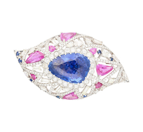 GIA Certified High Jewelry Sapphire and Diamond Eye Motif Pendant-Brooch