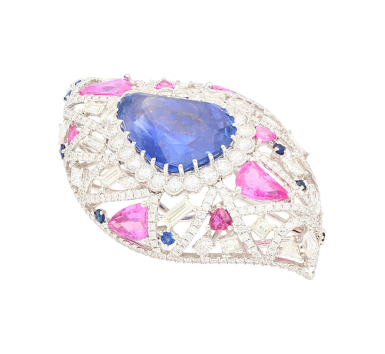 GIA Certified High Jewelry Sapphire and Diamond Eye Motif Pendant-Brooch