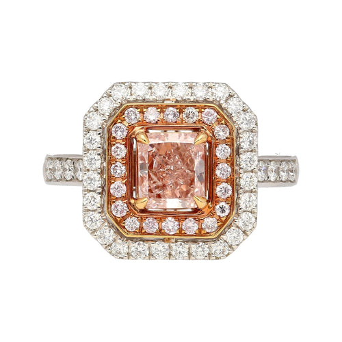 GIA Certified Orangy Pink Diamond Double Halo 18K Gold Ring