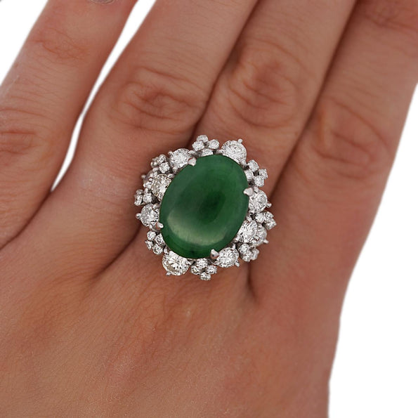 GIA Certified Type A Jadeite Jade & Old Cut Diamond 18K Gold Halo Starburst Ring