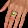 GIA Certified Vintage No Heat 17 Carat Cushion Yellow Sapphire & Diamond Halo Floral Filigree Cocktail Ring