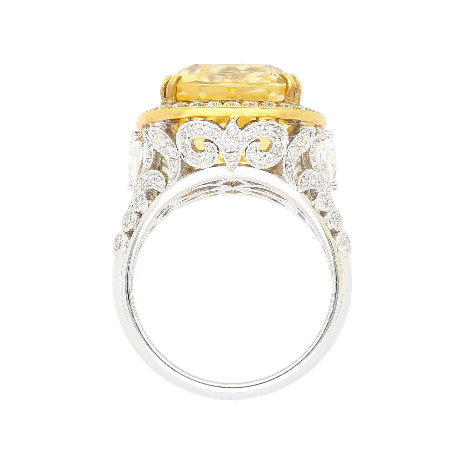 GIA Certified Vintage No Heat 17 Carat Cushion Yellow Sapphire & Diamond Halo Floral Filigree Cocktail Ring