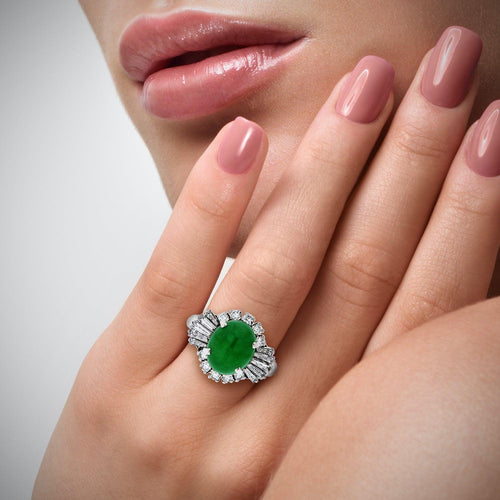 GIA certified 3.50 Carat Cabochon-cut Jade With Baguette Cut Diamonds in Platinum 900 Ring setting