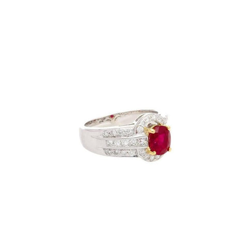 GRS Certified 1.37 Carat Burma Pigeon Blood Ruby & Diamond Ring in 18K Gold