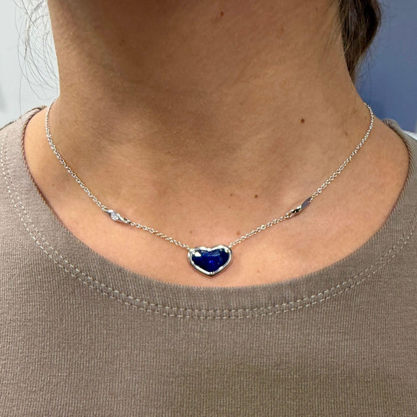 GRS Certified 4.13 Carat Heart Sapphire Diamond 18K White Gold Pendant Necklace
